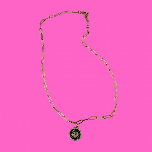 Green Evil Eye pendent on paperclip necklace