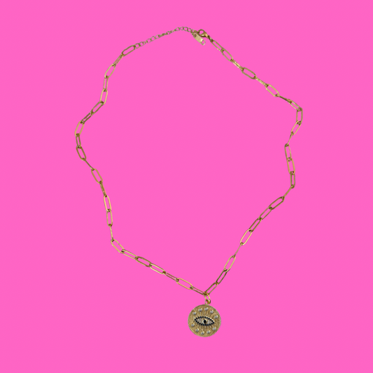 Gold Evil Eye pendent on paperclip necklace
