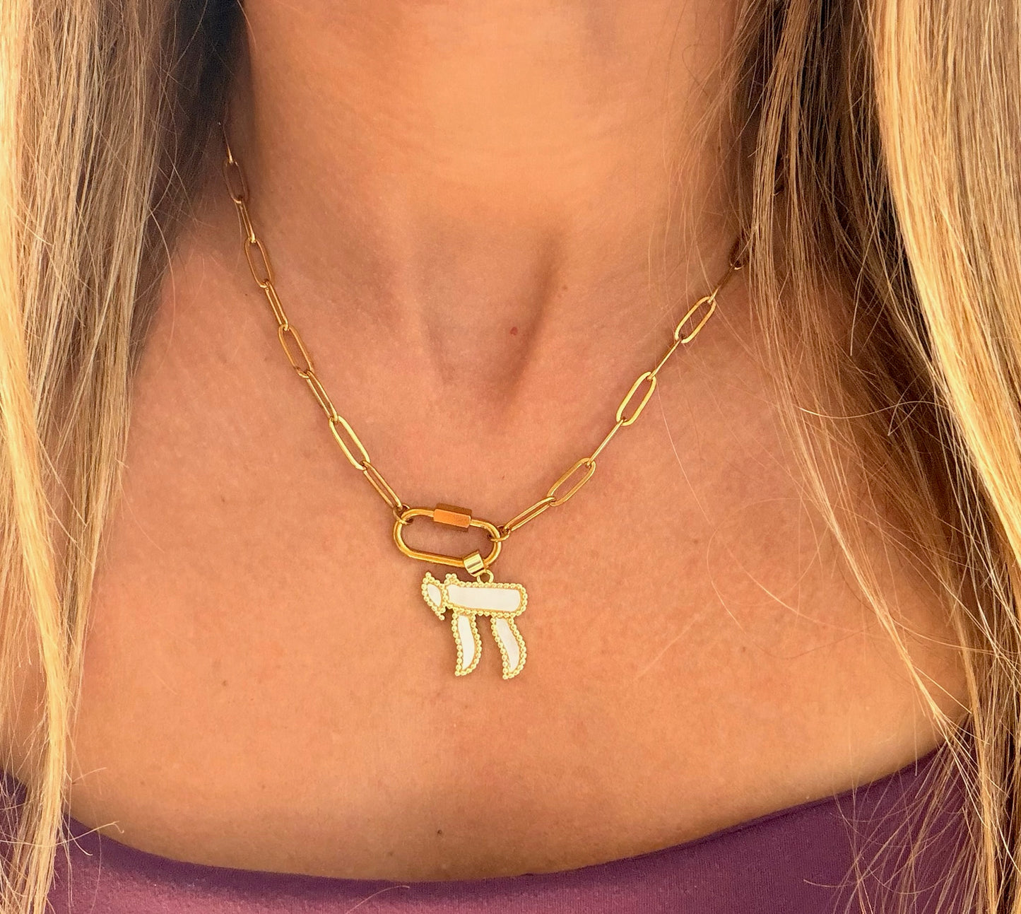 White Chai pendent on carabiner paperclip necklace