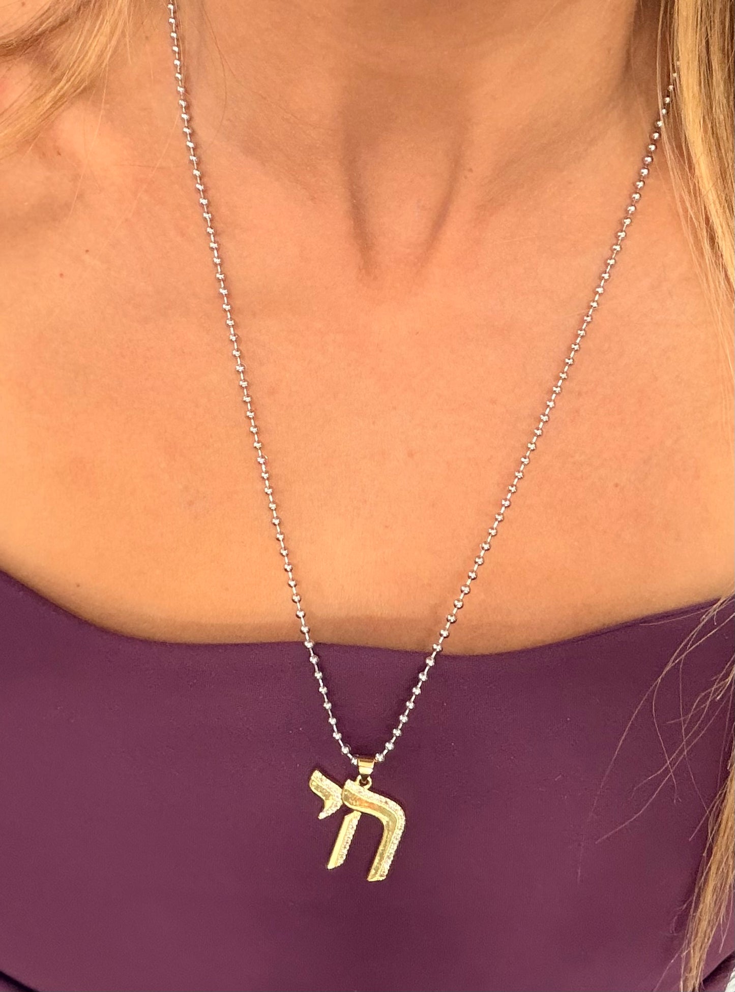Pave Chai pendent on silver ball chain