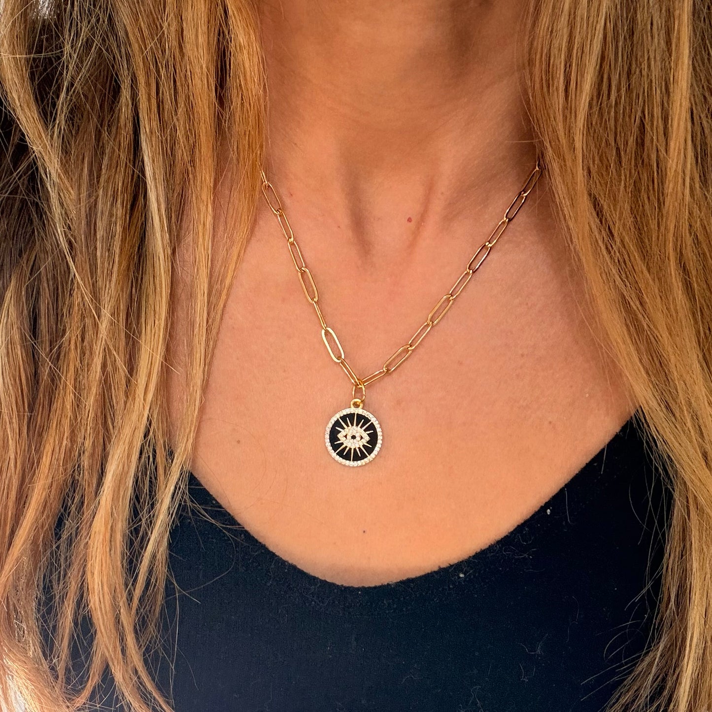 Black Evil Eye pendent on paperclip necklace