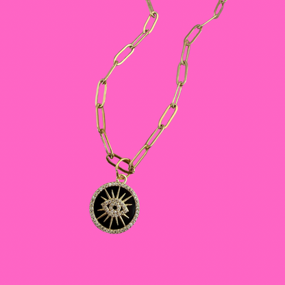 Black Evil Eye pendent on paperclip necklace