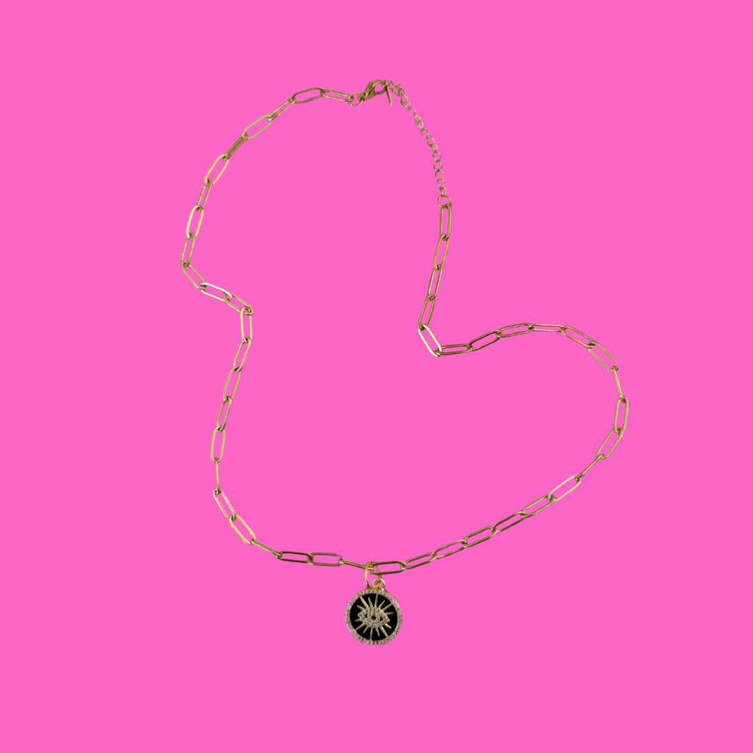 Black Evil Eye pendent on paperclip necklace