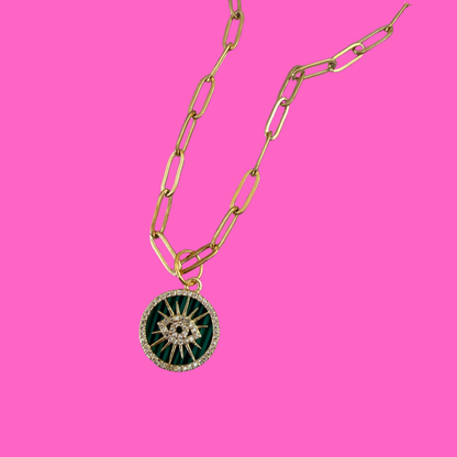Green Evil Eye pendent on paperclip necklace