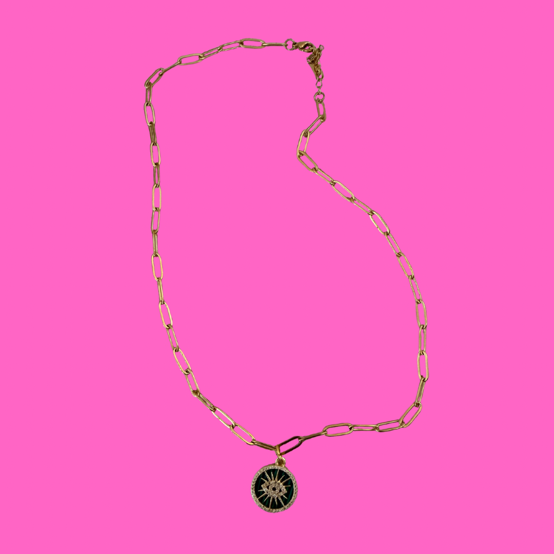 Green Evil Eye pendent on paperclip necklace