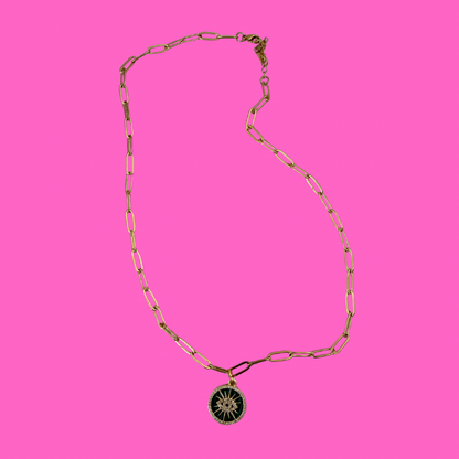 Green Evil Eye pendent on paperclip necklace