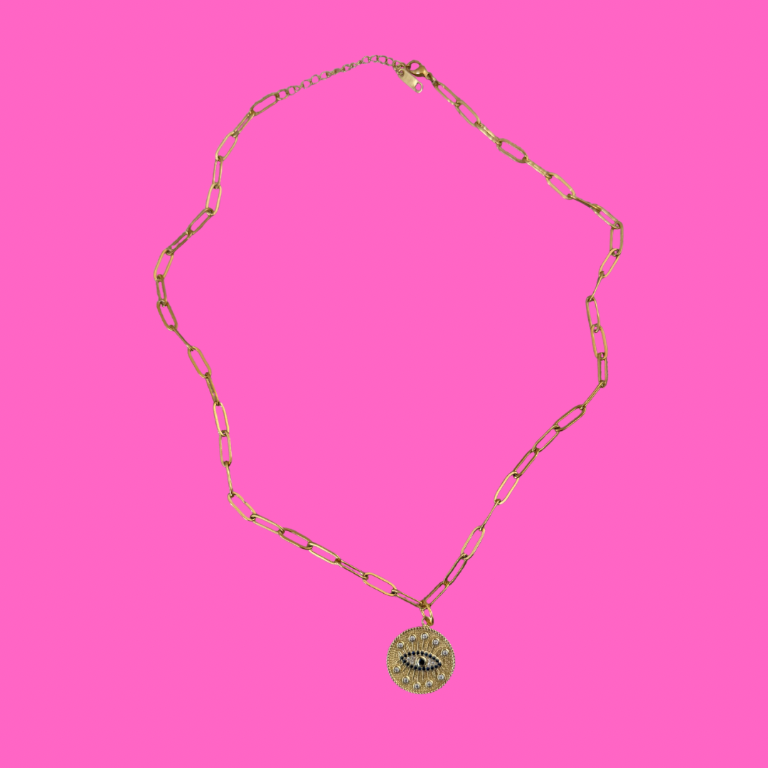 Gold Evil Eye pendent on paperclip necklace