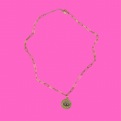 Gold Evil Eye pendent on paperclip necklace