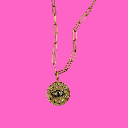 Gold Evil Eye pendent on paperclip necklace