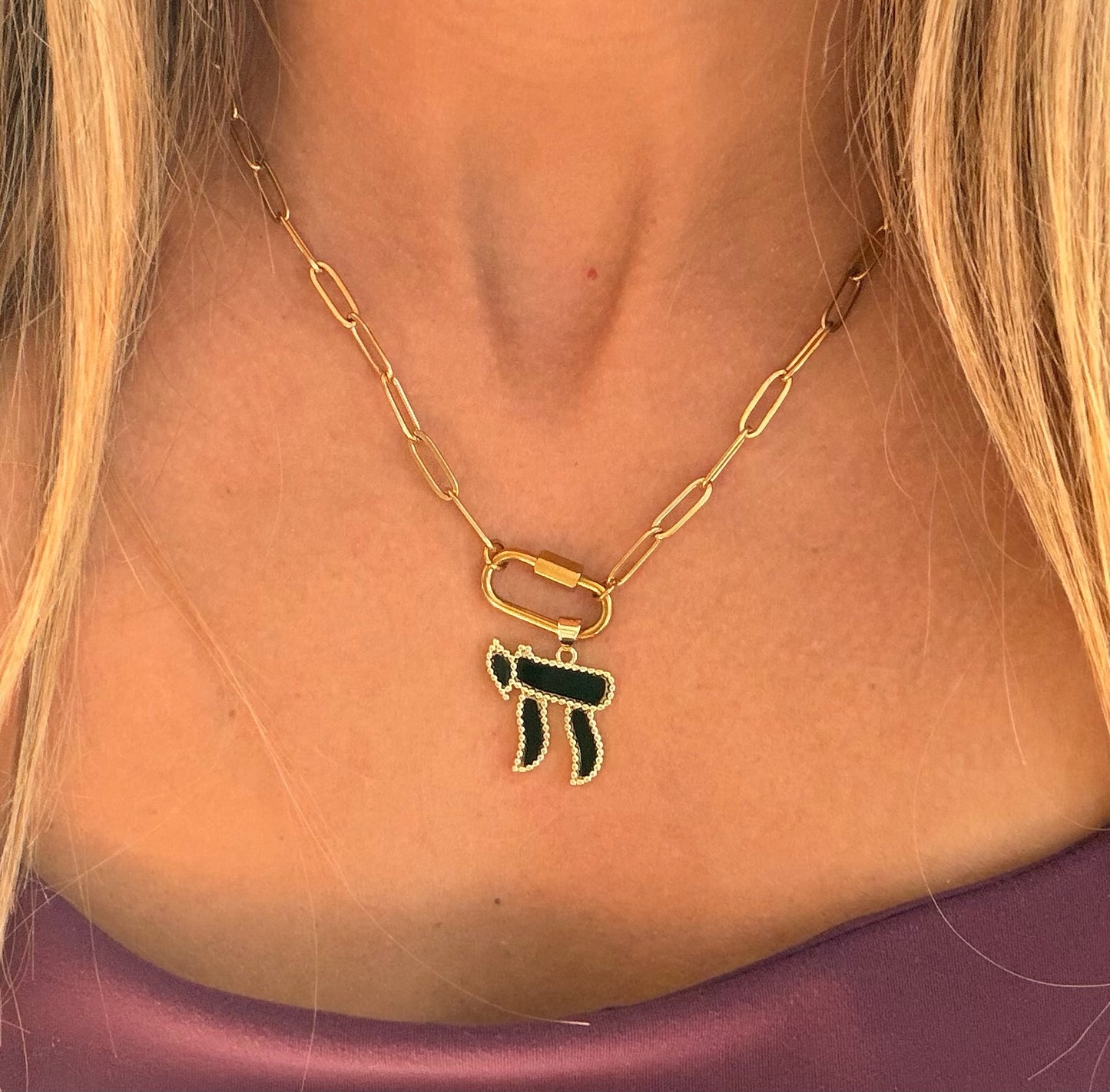 Black Chai pendent on carabiner paperclip necklace