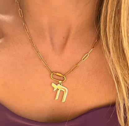 Pave Chai pendent on carabiner paperclip necklace