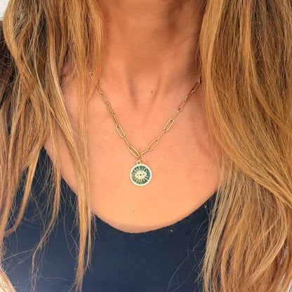 Green Evil Eye pendent on paperclip necklace