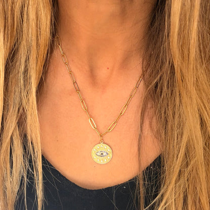 Gold Evil Eye pendent on paperclip necklace