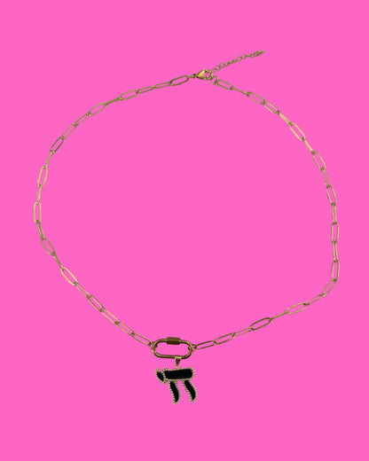 Black Chai pendent on carabiner paperclip necklace