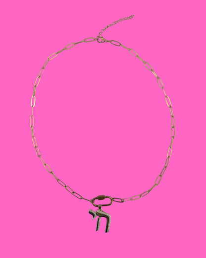 Pave Chai pendent on carabiner paperclip necklace