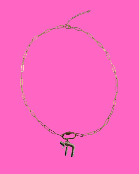 Pave Chai pendent on carabiner paperclip necklace