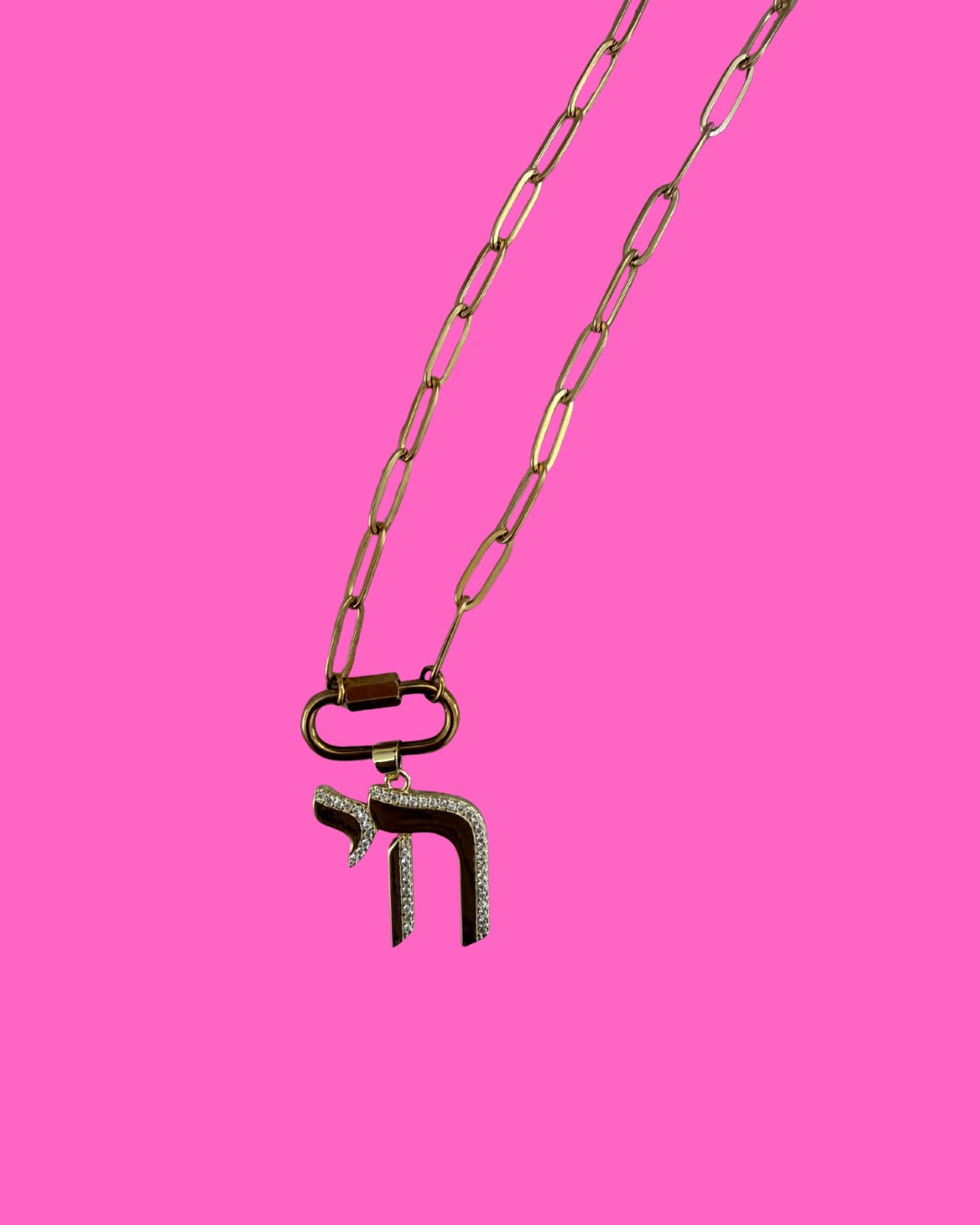 Pave Chai pendent on carabiner paperclip necklace