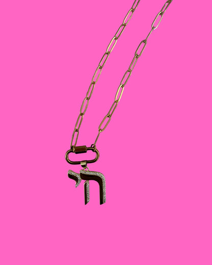 Pave Chai pendent on carabiner paperclip necklace