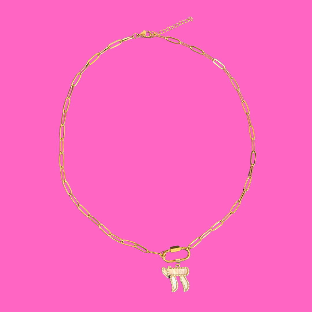 White Chai pendent on carabiner paperclip necklace